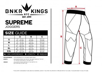 BunkerKings Supreme Jogger pants RoyalBlack sizechart