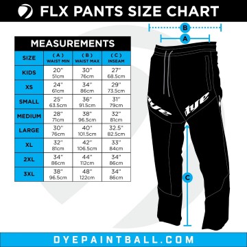 Dye flx pants sizechart